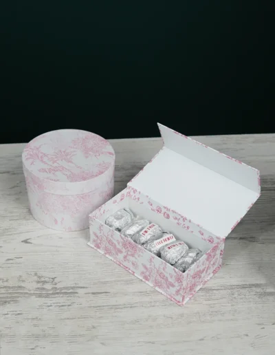 two boxes, with circle and rectangle shape, both having floral pattern in pink colour.